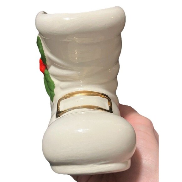VNTG Ceramic Santa Boot Planter Holly Cream Green 4” Vintage Christmas Planter - Picture 8 of 13